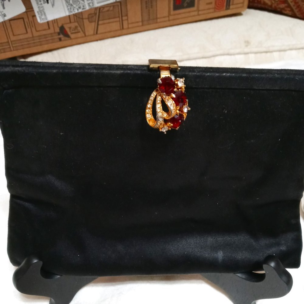 Vintage Koret Black Linen handbag/clutch with Red Crystal clasp Closure